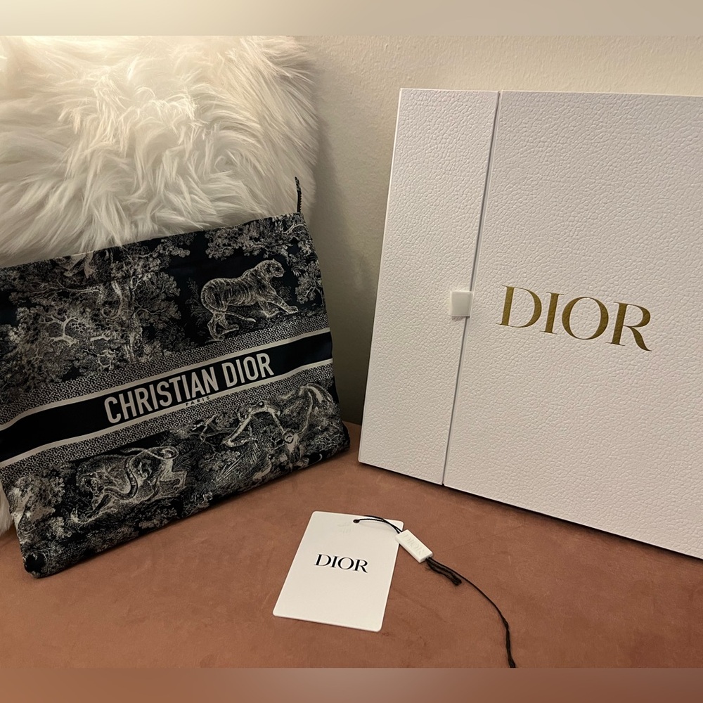 Christian Dior Blue Toile Fabric pouch. New, dust bag, tags and original box.